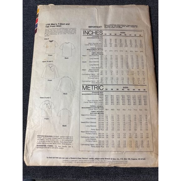 Stretch & Sew 1750 Mens T-Shirt & Tab Front Shirt Sewing Pattern Chest Sizes 34- - Picture 3 of 5